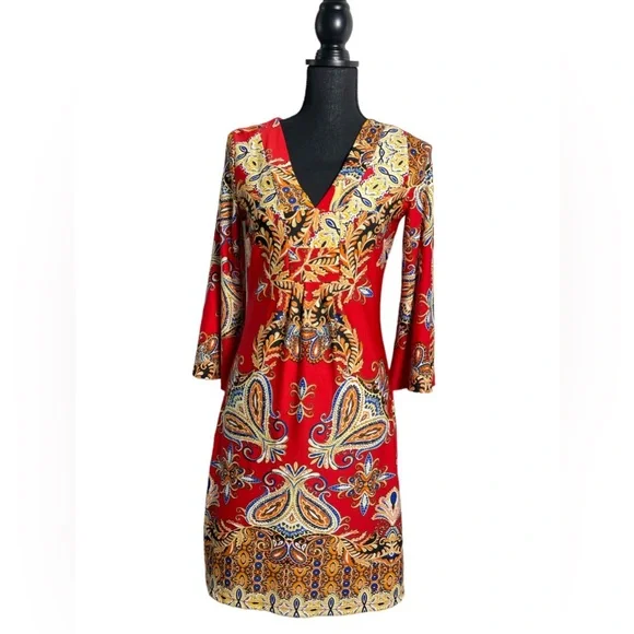 White Mark Womens Venetian Print Dress Bodycon Red Gold Medium NWOT - Picture 2 of 7